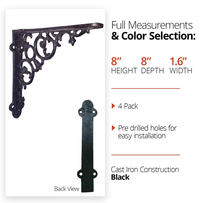 NACH Decorative Shelf Brackets, 4 Pack of 8 x 1.6 x 8 inch, Black Cast Iron Shelf Support Bracket - Metal Shelf Brackets for Wall - Victorian Shelf Bracket - Image 2